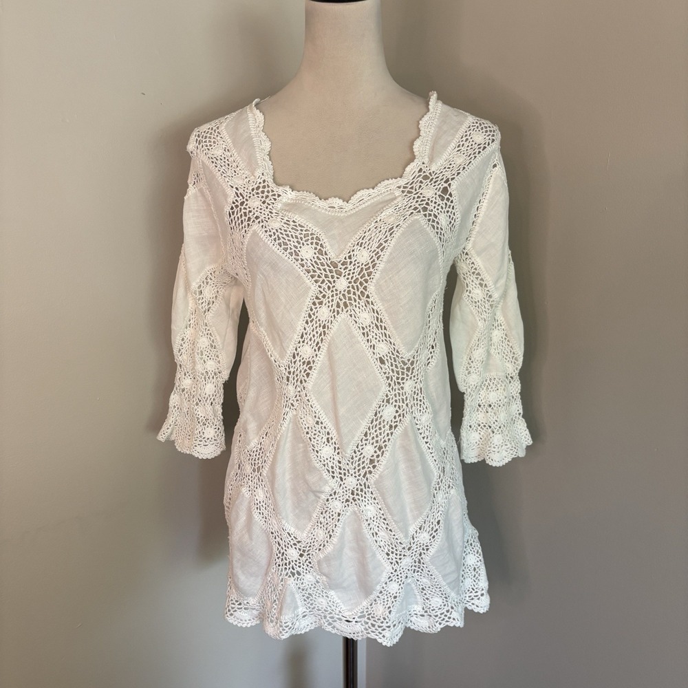 Sigrid Olsen VTG White Linen Crochet Tunic Top Lace Diamond Y2K Boho Sz Medium M - Picture 1 of 8